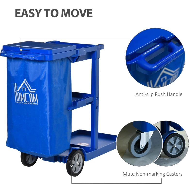 Blue Janitor Cleaning Trolley with Bin, Shelves & Hooks - Heavy-Duty Utility Cart for Efficient Cleaning Solutions