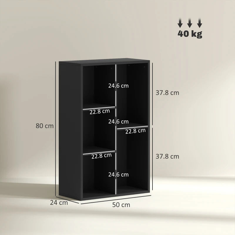 Stylish 2-Tier Black Bookshelf with 5 Spacious Compartments - Perfect for Home or Office Storage