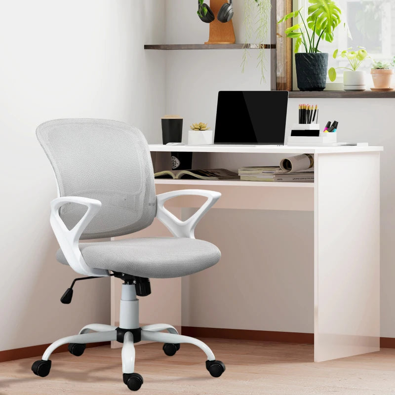 Vinsetto Home Office Chair & Computer Desk Set - Mesh Swivel Chair & High Gloss White Grey Study Desk with Storage