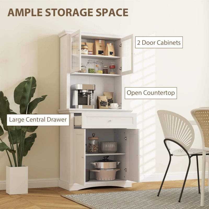 4-Door White Kitchen Cupboard with Drawer, Glass Doors, Adjustable Shelves & Open Counter - Freestanding Storage Cabinet
