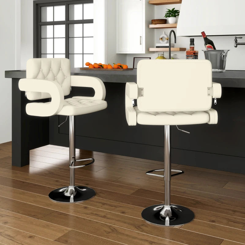 Set of 2 Upholstered Swivel Bar Stools - Height Adjustable with Back, Armrest & Footrest - Modern White Kitchen Seating