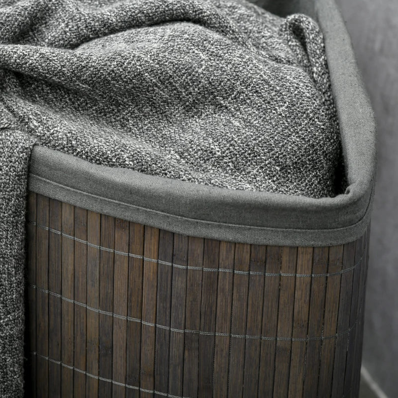 Stylish Grey Bamboo Laundry Basket with Lid - 55L Hamper, Removable Washable Lining, Perfect Corner Storage, 38x38x57cm