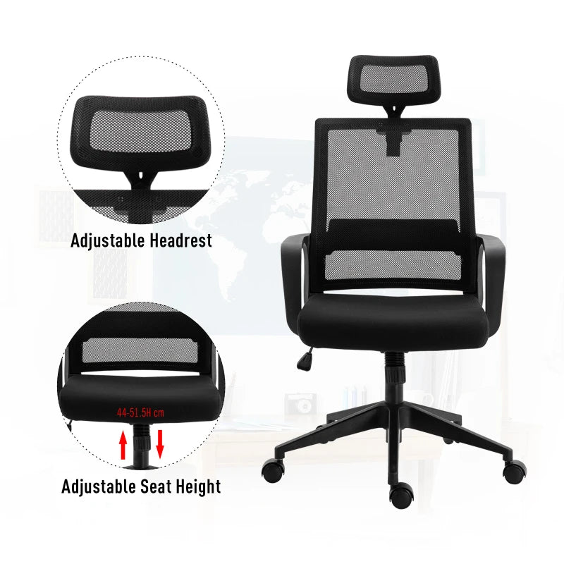Ergonomic Mesh Swivel Office Chair with Adjustable Headrest & Lumbar Support - High Back Task Chair, Black, Adjustable Height