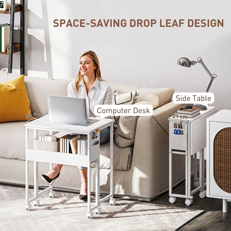 63 cm White Drop Leaf Writing Desk - Compact Home Office Workstation with Versatile Folding Design