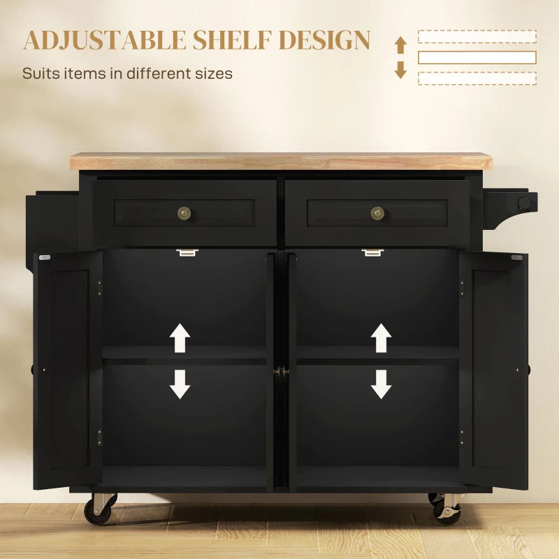 Rolling Kitchen Island Storage Trolley with Rubber Wood Top & Drawers - Stylish Black Dining Room Cart