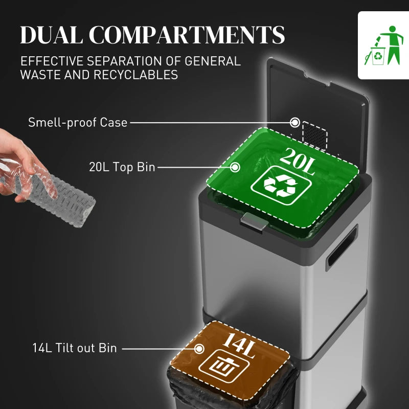 34L Double Compartment Kitchen Trash Can with Soft-Close Lid for Efficient Waste Separation