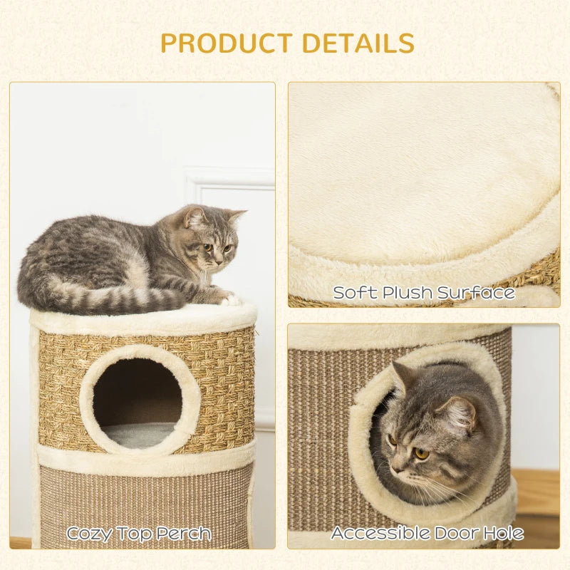 Cat Scratching Barrel Kitten Tree Tower Indoor Pet Furniture Climbing Frame with Sisal and Seaweed Rope Cozy Plush Platform