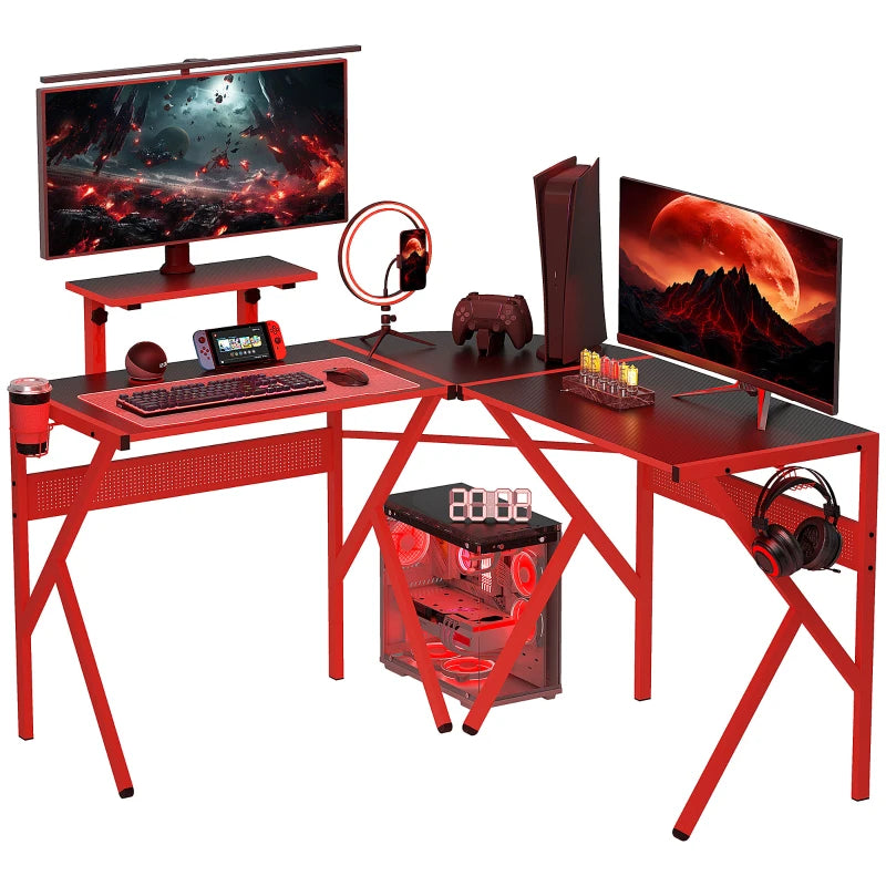 L-Shaped Gaming Desk for Home Office - Adjustable Monitor Stand, Cup Holder & Headphone Hook - 125x125x75cm, Red