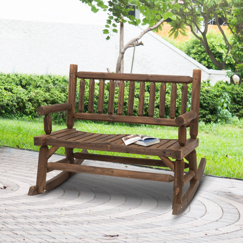 Rustic Style Dark Brown Wood Rocking Loveseat Bench