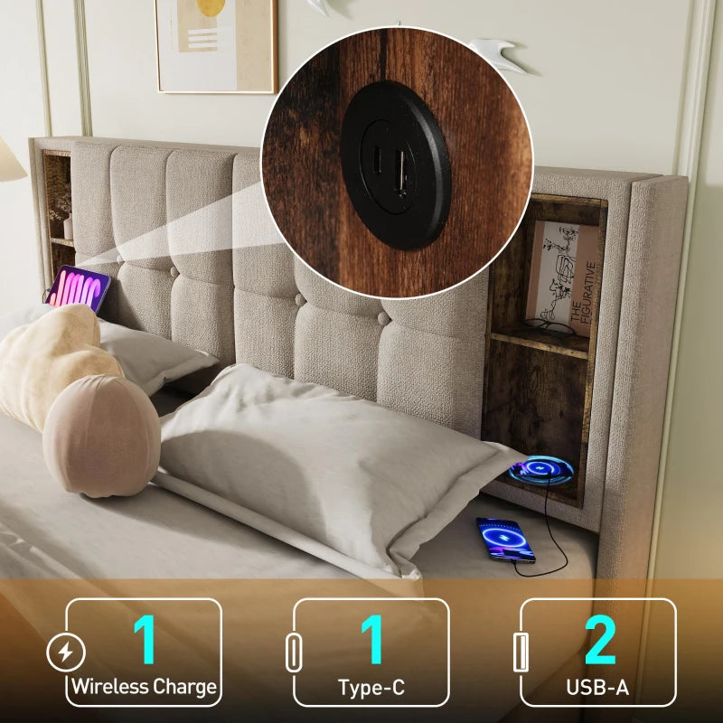 Upholstered Double Bed with Wireless Charging and Hydraulic Storage in Natural Linen Fabric