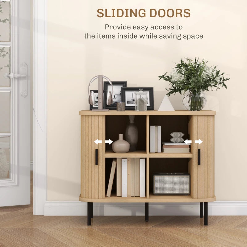Mid-Century Modern Sideboard Storage Cabinet with Sliding Doors and Steel Legs in Oak Tone