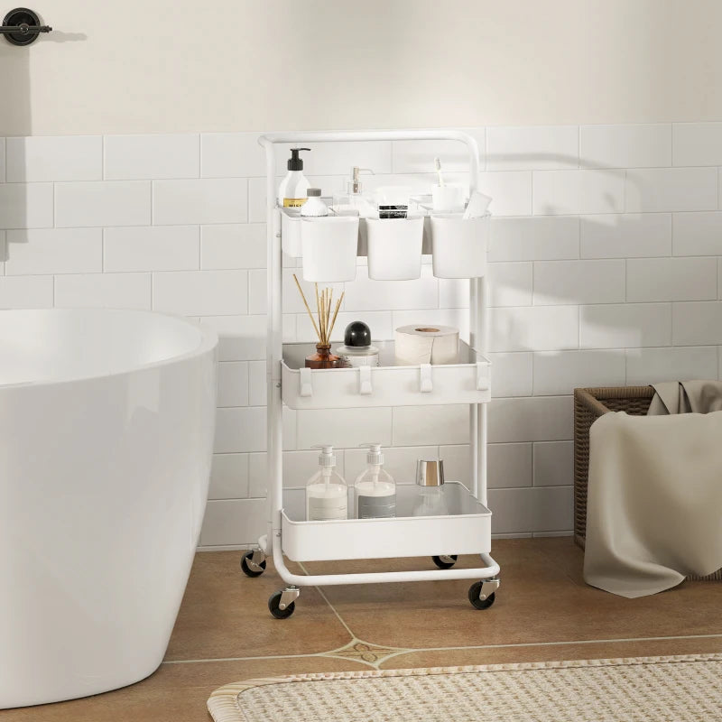 White Three-Tier Home Trolley with Handle and Wheels - Versatile Storage Cart for Kitchen, Living Room, and Office