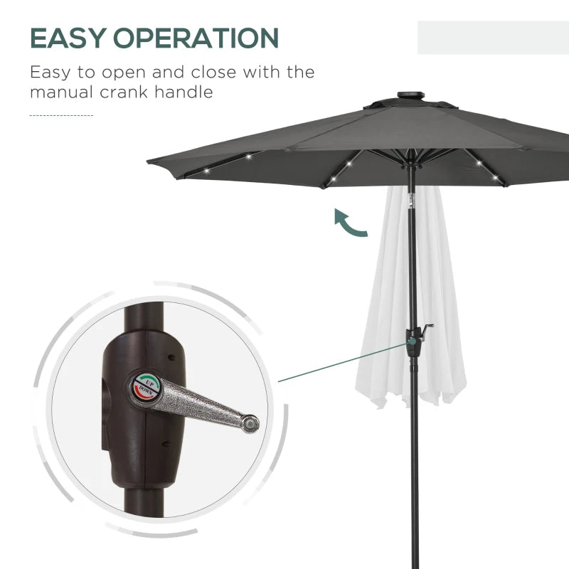 Grey Solar LED Light Patio Umbrella with Hand Crank