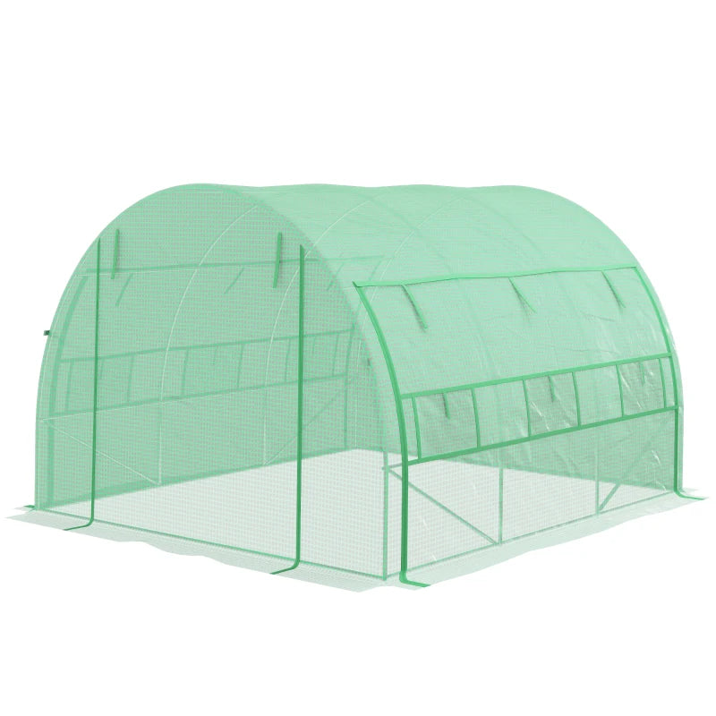 Green Walk-in Polytunnel Greenhouse with Roll-up Sidewalls, Zipped Door, 6 Windows - 3x3x2m