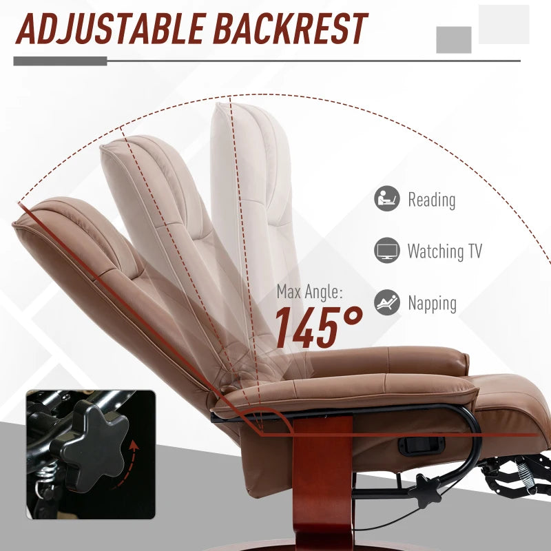 Brown Faux Leather Reclining Armchair with Footrest - 145° Adjustable Backrest for Ultimate Comfort