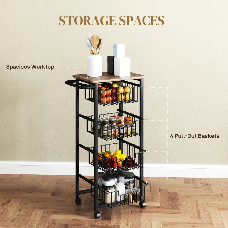 Stylish Four Basket Mobile Kitchen Island with Brakes - Oak and Black Finish for Easy Mobility and Storage