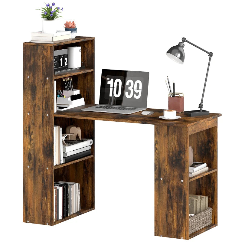 120cm Rustic Brown Wooden Computer Desk with 6-Tier Bookshelves - Home Office Laptop Table & Writing Workstation