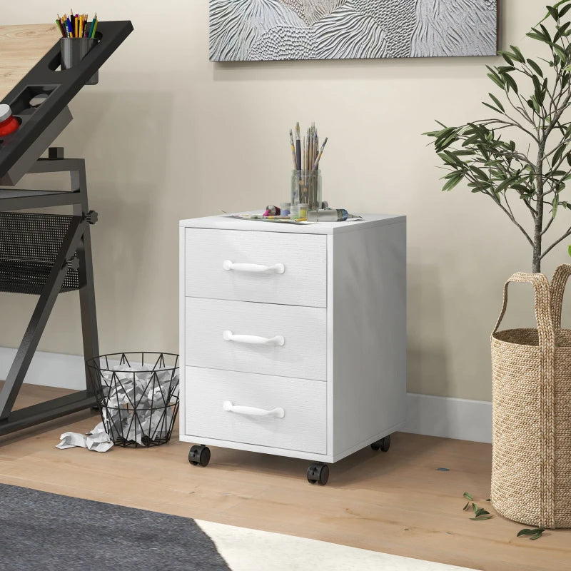 3 Drawer Mobile File Cabinet on Wheels - White Storage Solution for Home Office & Study