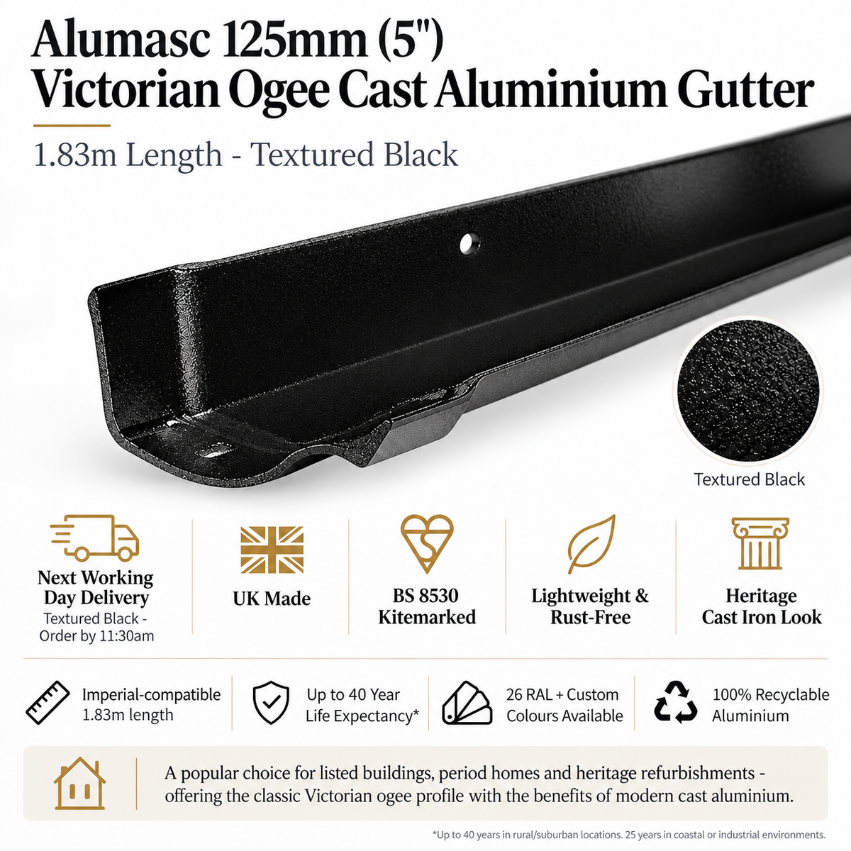 Alumasc 125mm (5") Victorian Ogee Cast Aluminium Gutter 1.83m length - Textured Black