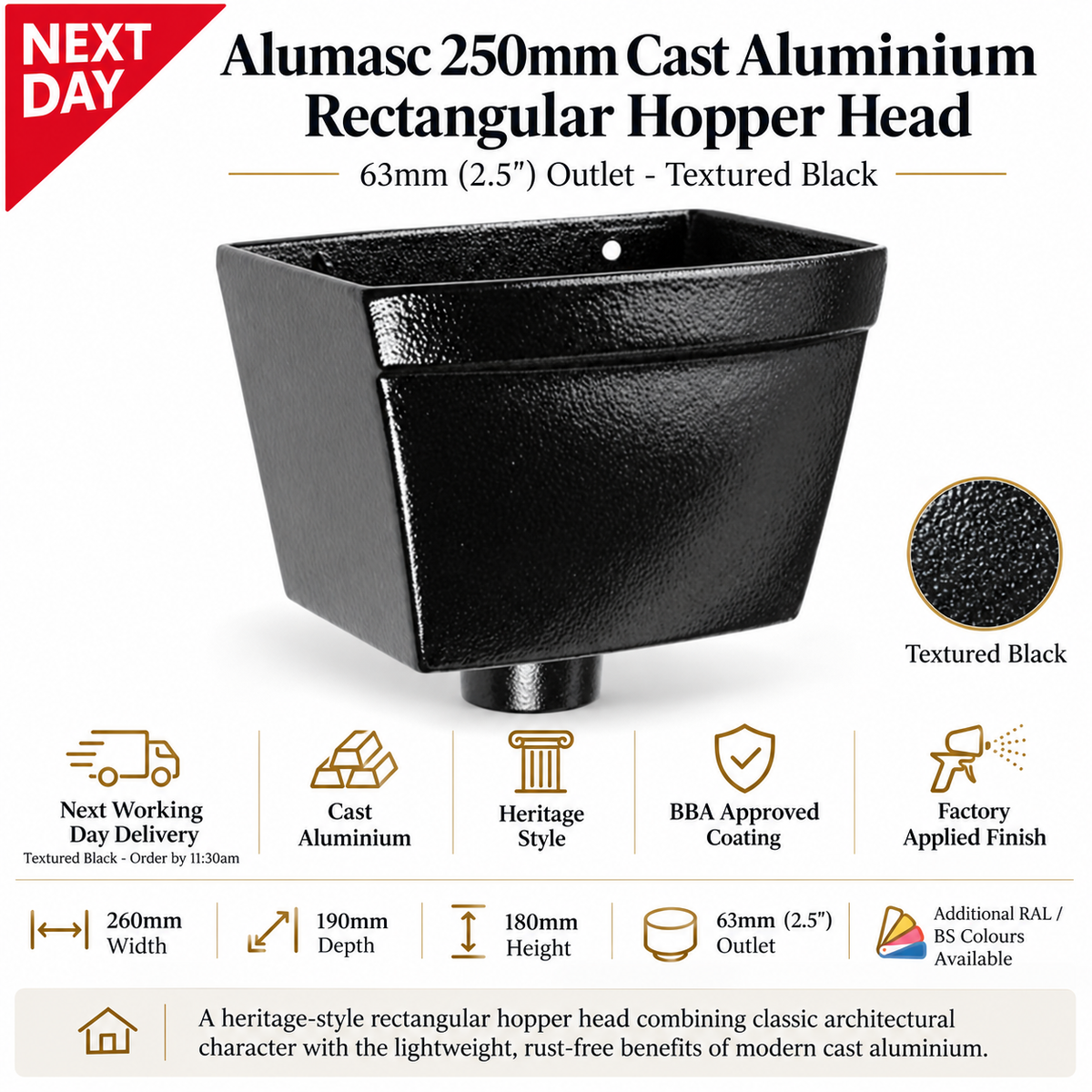 Alumasc 250mm Cast Aluminium Rectangular Hopper Head 63mm (2.5") Outlet - Textured Black