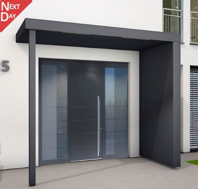 BS250PLUS (125cm projection) Aluminium Canopy with Post, Side Panel + LED light - 250x125cm - RAL 7016 Anthracite Grey