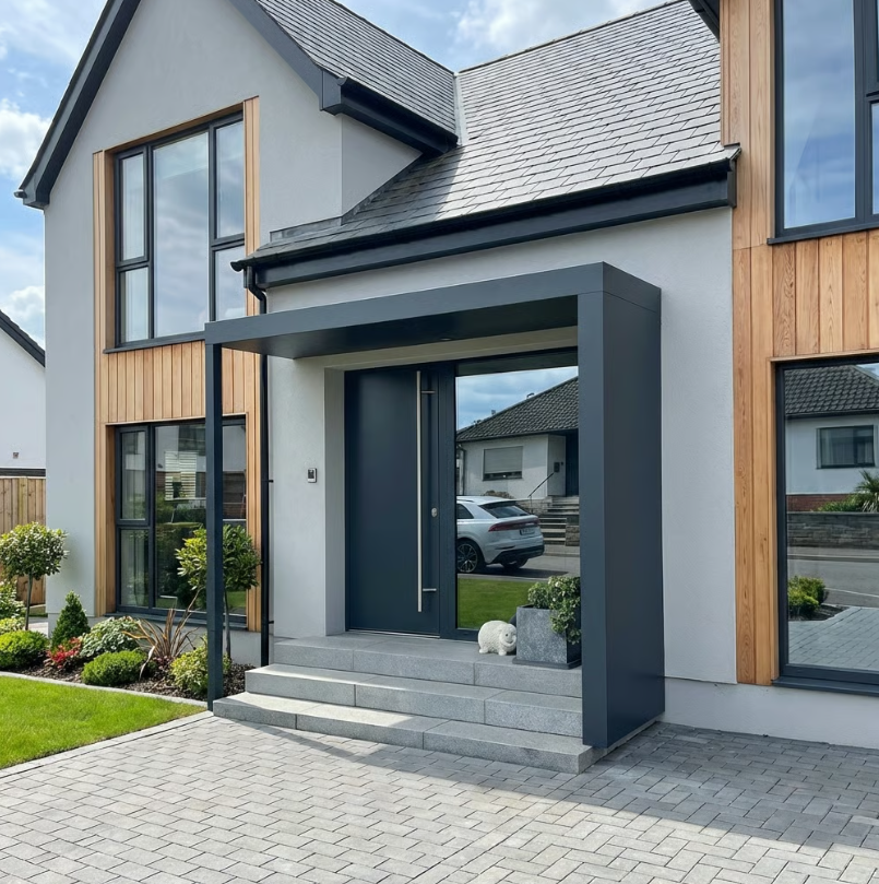 BS250PLUS (125cm projection) Aluminium Canopy with Post, Side Panel + LED light - 250x125cm - RAL 7016 Anthracite Grey