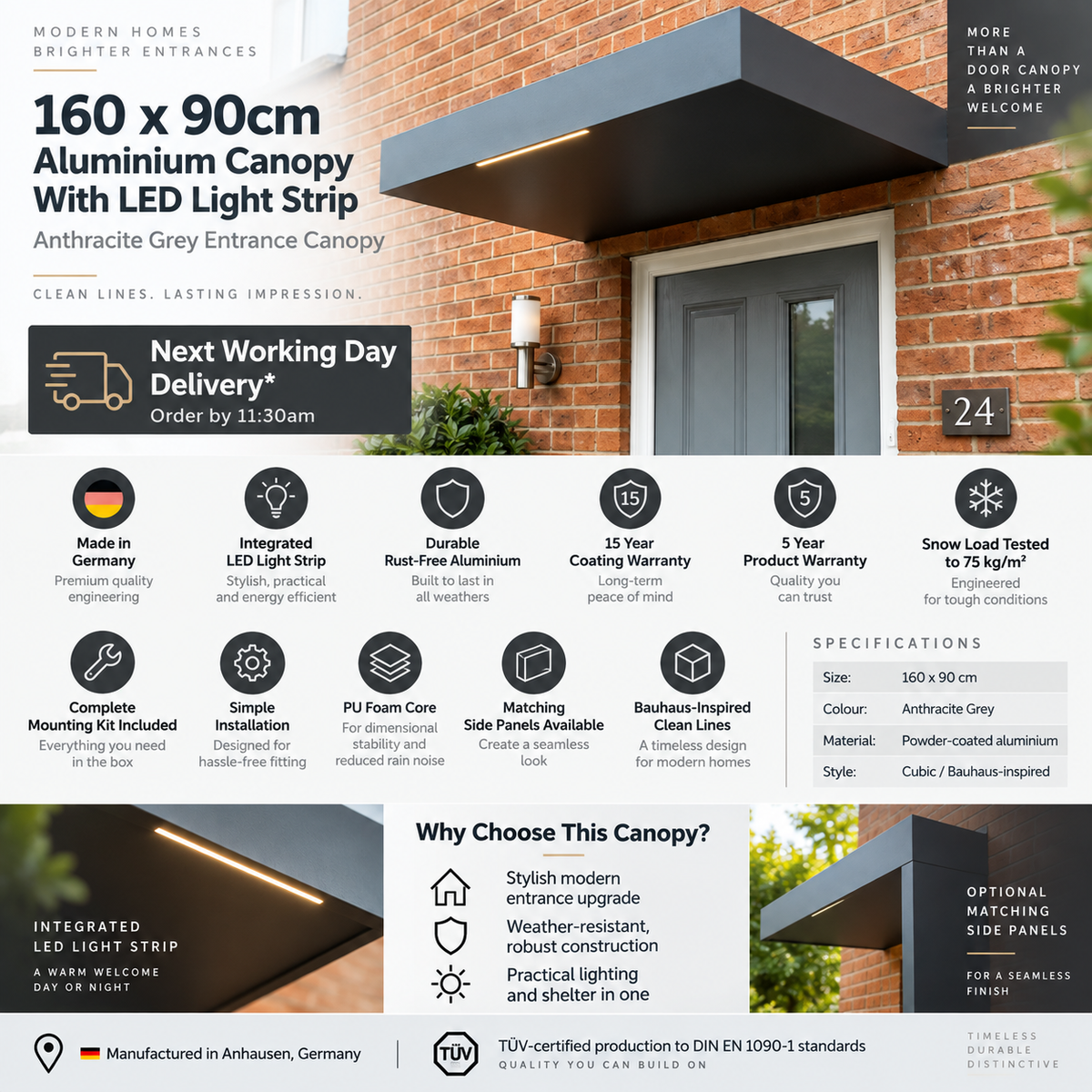 160x90cm Aluminium Canopy With LED Light Strip - Anthracite Grey