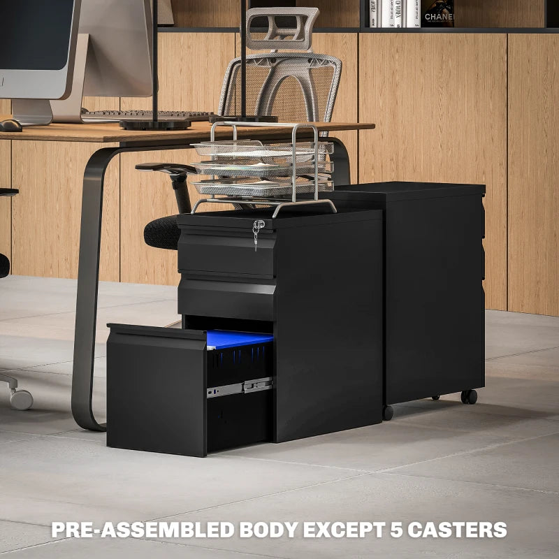 Vinsetto Black 3-Drawer Steel Filing Cabinet with Lock & Wheels - Secure Storage Solution for Home & Office