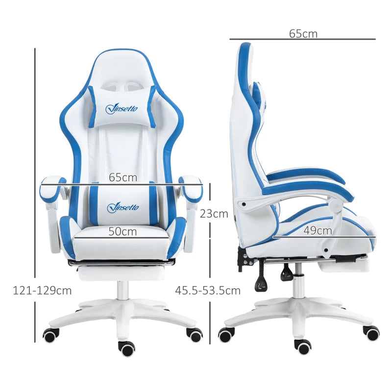 Vinsetto White and Blue Gaming Chair - PU Leather Office Desk Chair with Footrest, 135° Recline, Lumbar Support & Headrest
