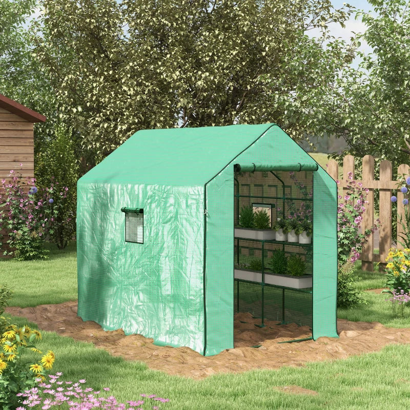 Green 3-Tier Walk-in Garden Greenhouse with PE Cover, Roll-up Door, Mesh Windows - 140 x 213 x 190cm