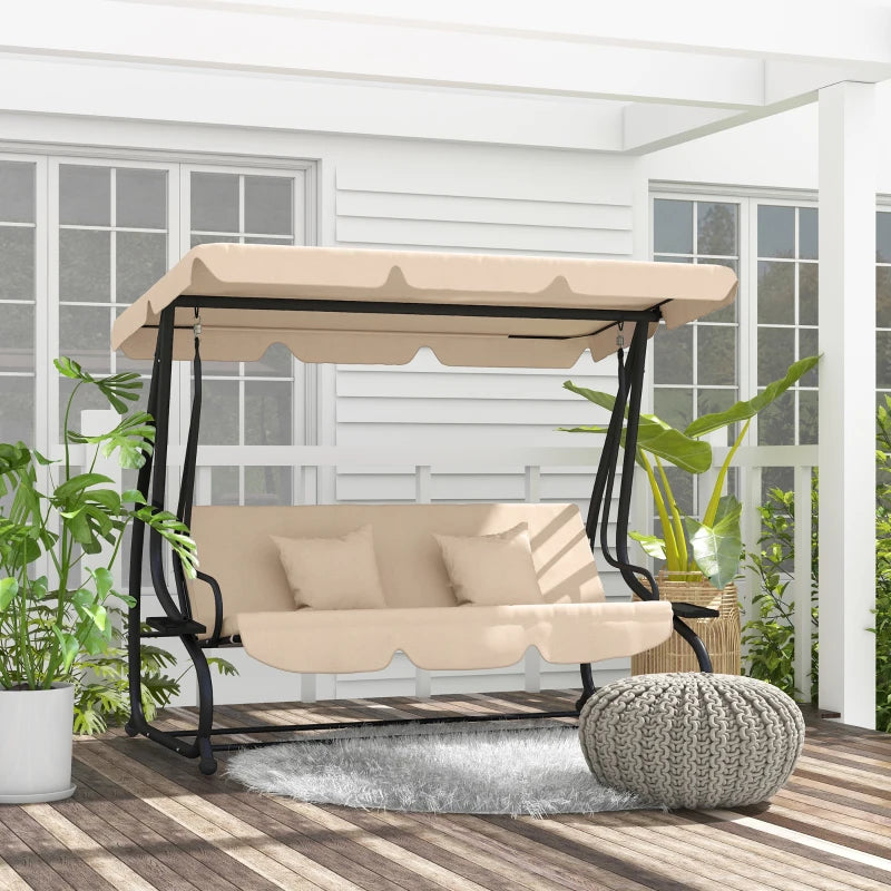 Light Brown Three-Person Garden Swing Chair with Canopy