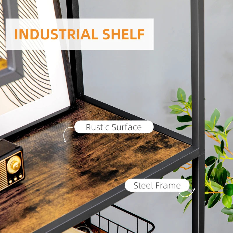 Industrial 6-Tier Metal Bookcase Shelf - Rustic Brown Storage Shelves for Living Room, Home Office & Bedroom