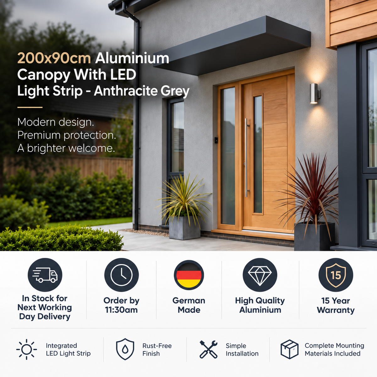 200x90cm Aluminium Canopy With LED Light Strip - Anthracite Grey