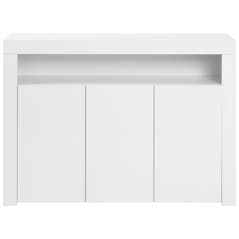 Modern White Sideboard Cabinet with LED Lights - High Gloss 3-Door Kitchen Unit, Remote Control, 130x35x95 cm