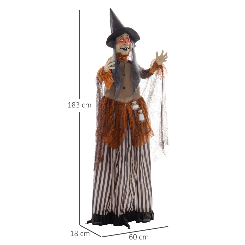 183 cm Life Size Animated Witch with Red Eyes - Scary Halloween Decoration, Sound Activated, Moving Arms & Head, Battery Operated
