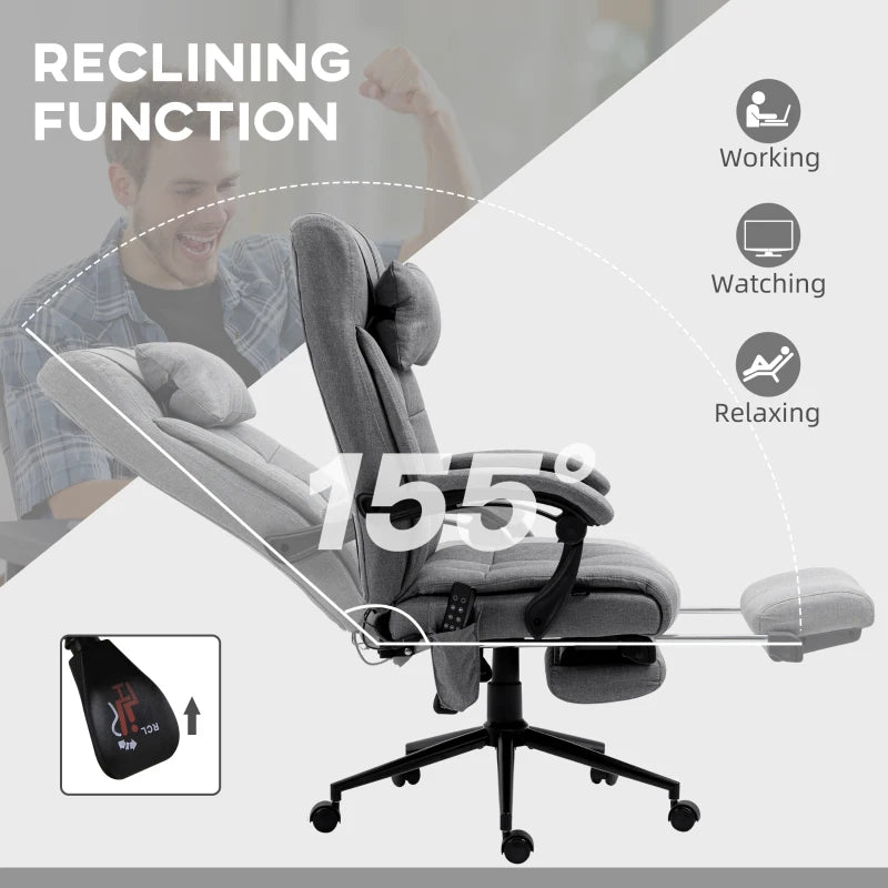 Vinsetto Grey Office Chair with 6-Point Vibration Massage & Heat, Adjustable Height, Head Pillow & Footrest for Home Comfort