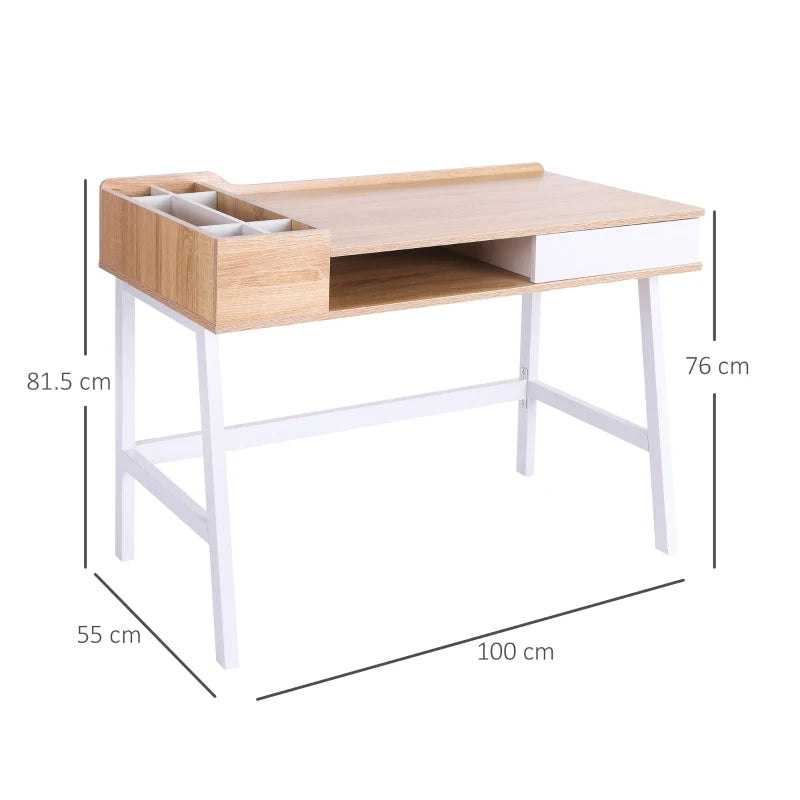 Modern Oak & White Computer Desk with Drawer, Storage, Cable Management - Stylish Writing & Study Workstation, 100x55x81.5cm