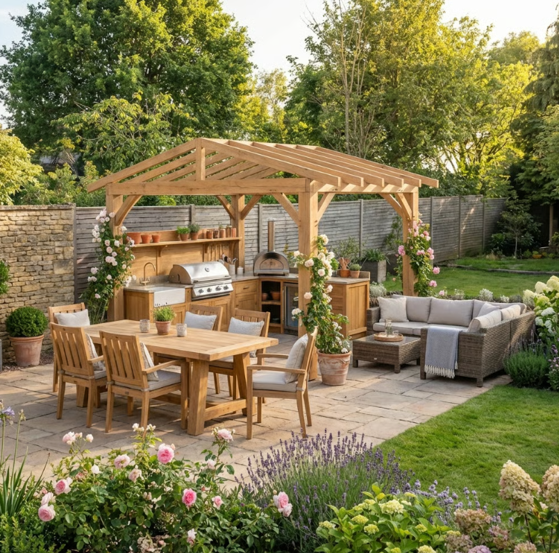 Ruby Oak Apex Pergola with Open Roof – No Overhang Design