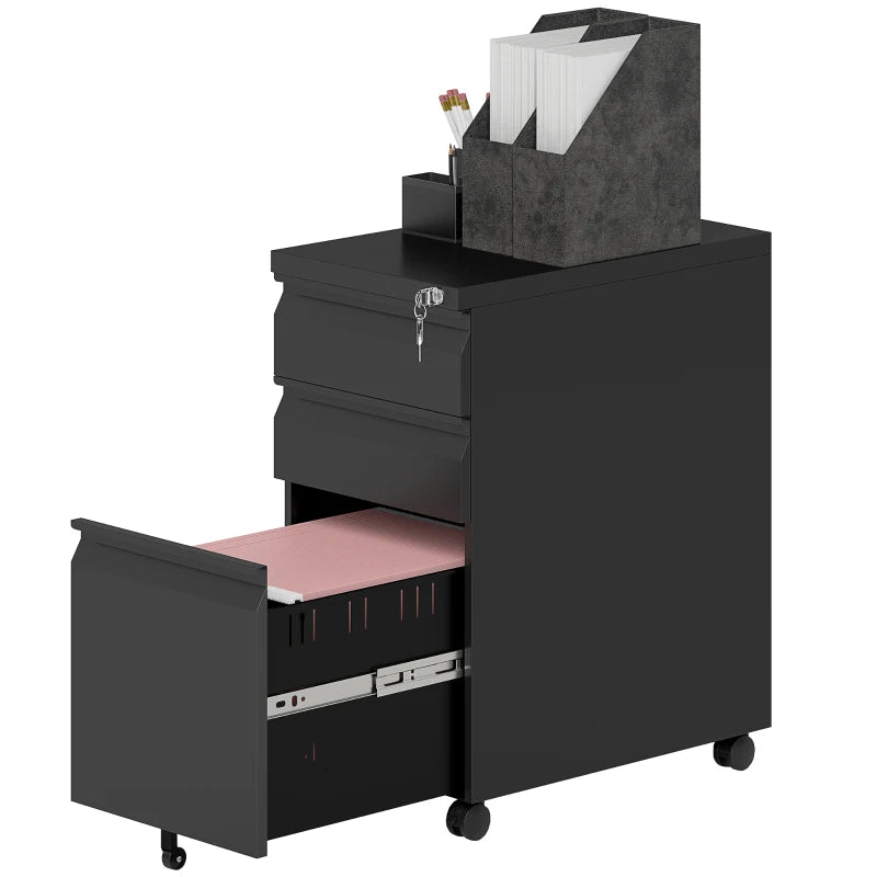 Vinsetto Black 3-Drawer Steel Filing Cabinet with Lock & Wheels - Secure Storage Solution for Home & Office