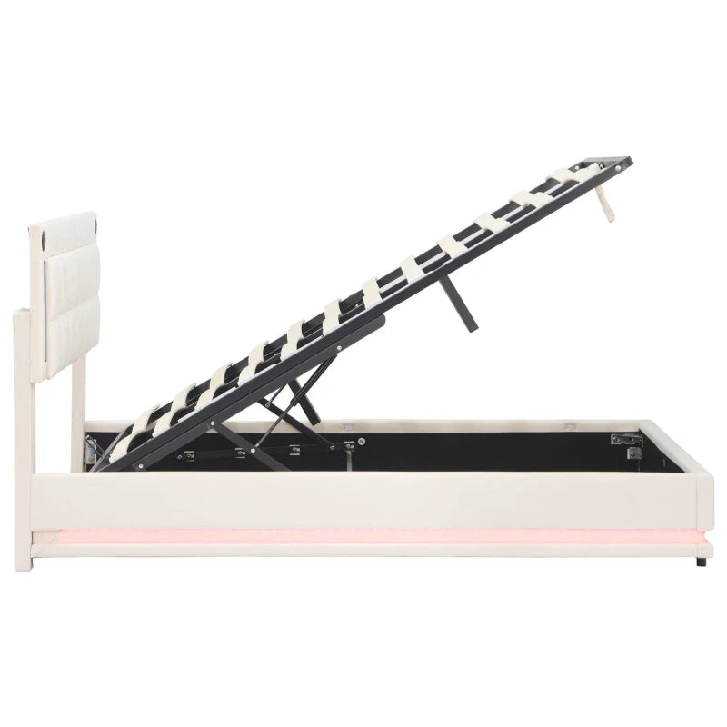 King Size LED Hydraulic Bed with Charging Station Adjustable Tufted Headboard Space Saving Design Beige