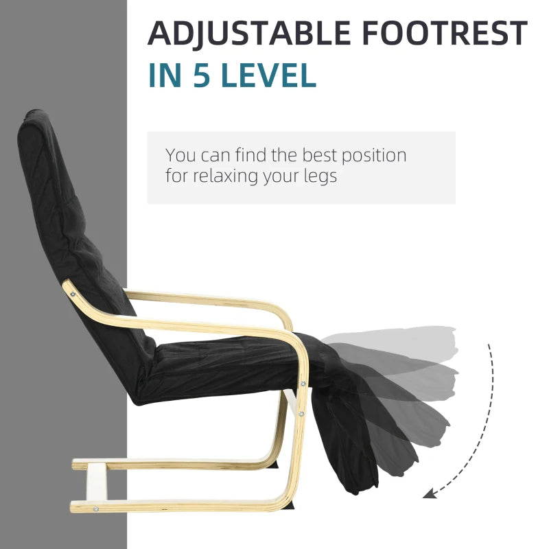 Wooden Reclining Lounge Chair with Adjustable Footrest and Removable Cushion Cover for Deck Relaxation, Black