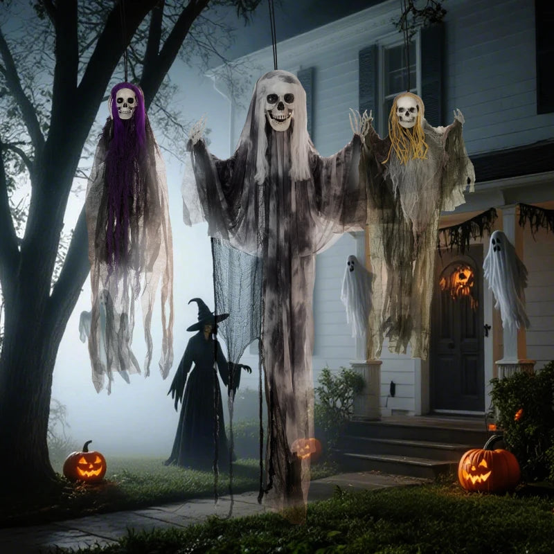 Set of 3 Hanging Skeleton Halloween Decorations - Scary Flying Ghosts for Garden & Party - 90/110/170cm Sizes