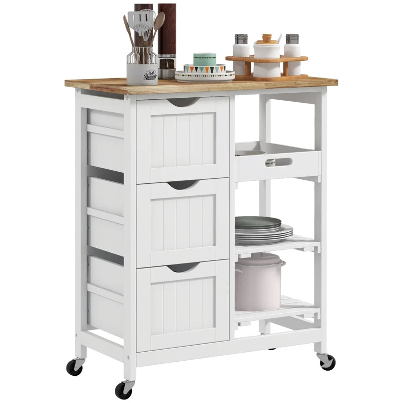 Rolling Kitchen Island Cart with Wood Top, Compact Bar Serving Trolley on Wheels, Shelves & Drawers for Home Dining - White