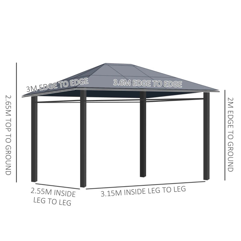 Grey 3m x 3.6m Hardtop Gazebo with UV Resistant Polycarbonate Roof