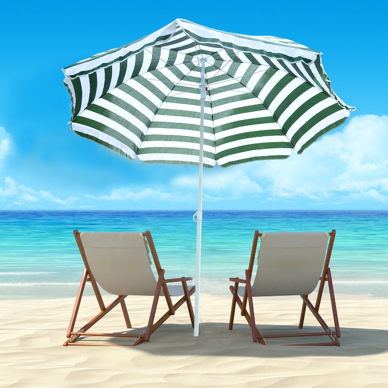 Green & White Striped 1.8m Tilt Beach Umbrella with 8 Ribs