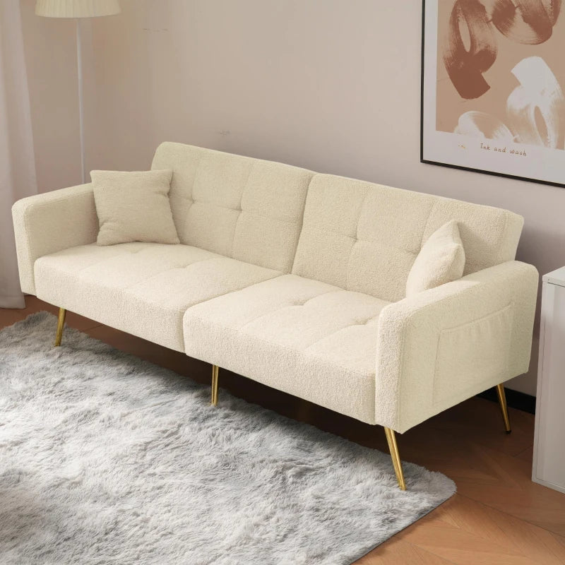 Elegant Beige Convertible Sofa Bed with Adjustable Backrest and Side Pockets, Perfect Loveseat for Bedroom, 176L x 64W x 75H cm
