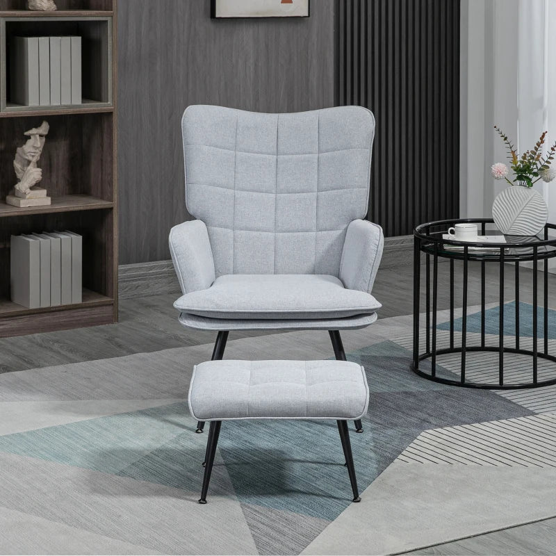 Light Grey Linen Accent Armchair with Footstool for Living Room, Bedroom, and Home Study