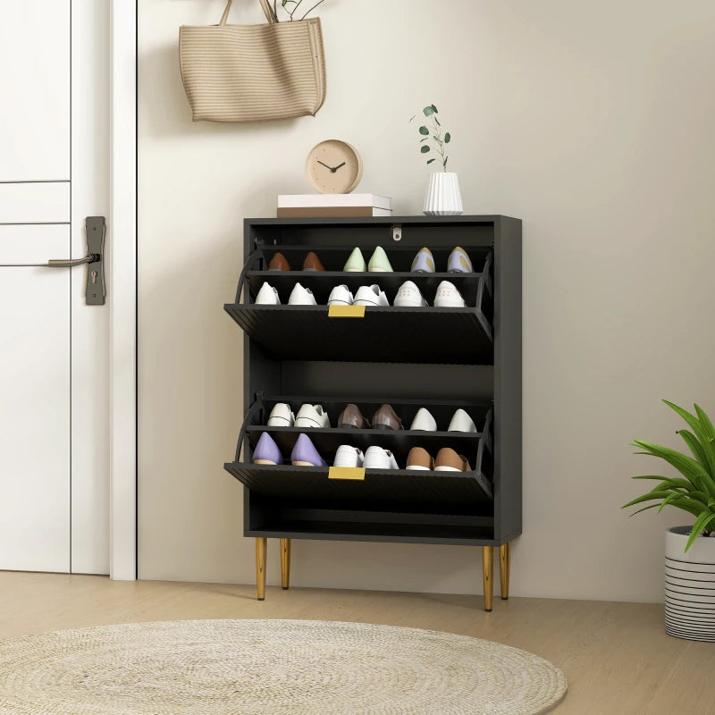 Narrow Black Shoe Cabinet with 2 Flip Drawers for Space Saving Storage