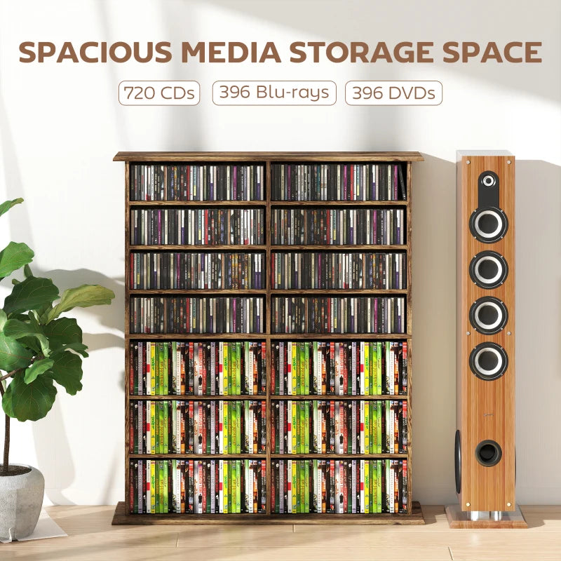 16-Compartment Rustic Brown Media Shelf - Stylish Storage Solution for DVDs, Games, and Books - Perfect for Home Decor