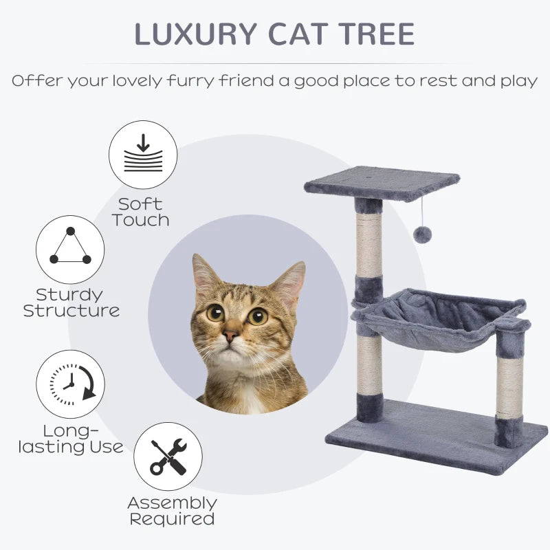 Deluxe Cat Scratch Post with Bed & Hammock - Indoor Cat Tree with Sisal Scratching Posts - Grey Kitty Activity Centre